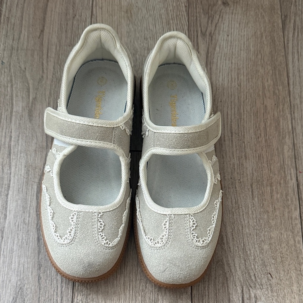 Cream Mary Jane Flats with Hook-and-Loop Strap